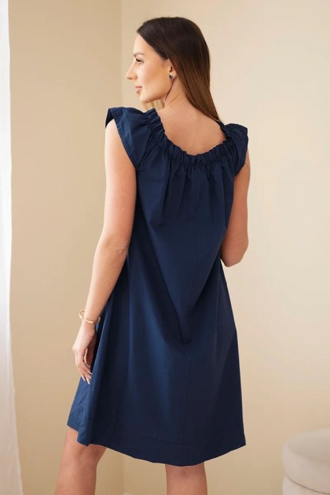 Sukienka damska bawełniana z marszczonym dekoltem i falbanką granatowa