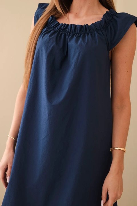 Sukienka damska bawełniana z marszczonym dekoltem i falbanką granatowa