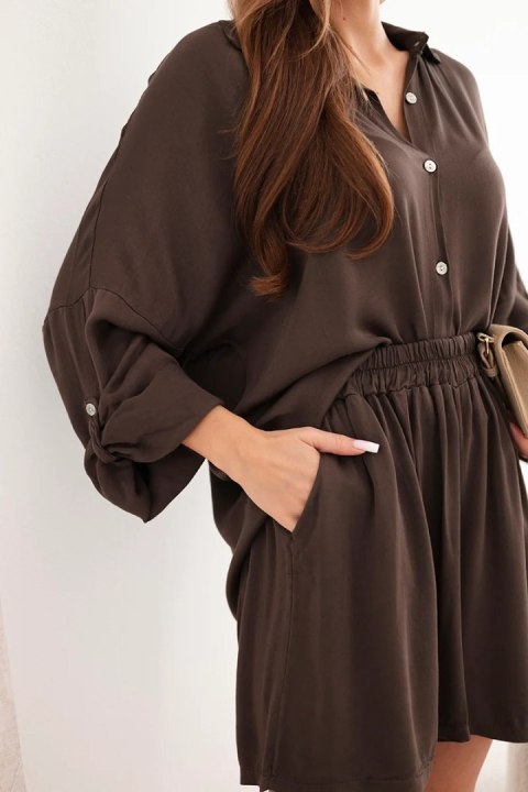 Komplet damski wiskozowy koszula z guzikami i luźne spodenki brązowy