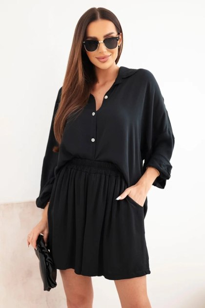 Komplet damski wiskozowy koszula z guzikami i luźne spodenki czarny