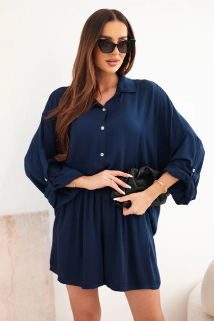 Komplet damski wiskozowy koszula z guzikami i luźne spodenki granatowy