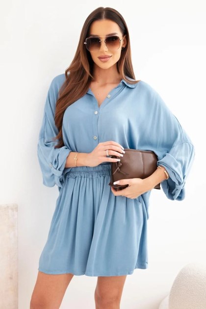 Komplet damski wiskozowy koszula z guzikami i luźne spodenki jeansowy