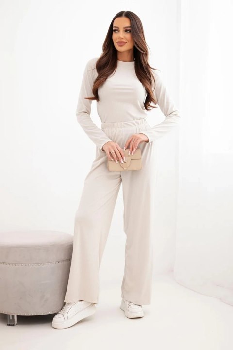 Komplet damski wiskozowy z bluzką i szerokimi spodniami jasny beżowy