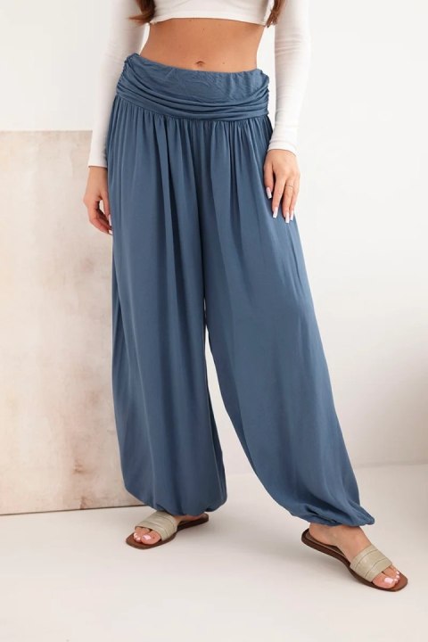 Jeansowe spodnie wiskozowe z szeroką nogawką i marszczeniami