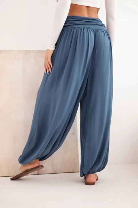 Spodnie damskie wiskozowe z szeroką nogawką i marszczeniami jeansowe