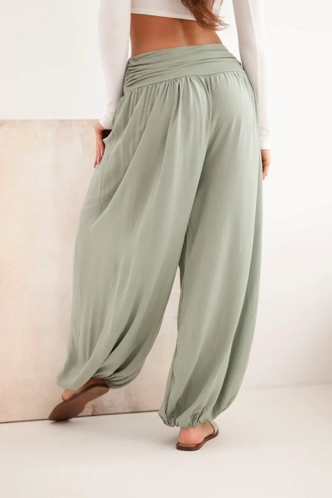 Spodnie damskie wiskozowe z szeroką nogawką i marszczeniami khaki