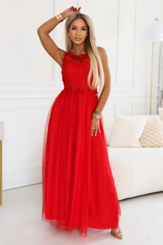 672-5 Romantyczna suknia maxi na wesele z haftowaną koronką i tiulem - czerwona