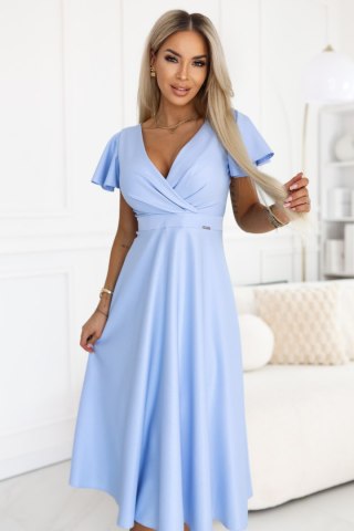 675-1 Rozkloszowana sukienka midi z kopertowym dekoltem i brokatowym połyskiem - błękitna