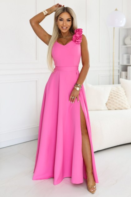 643-6 Elegancka wieczorowa suknia maxi z rozcięciem i różami - cukierkowy róż