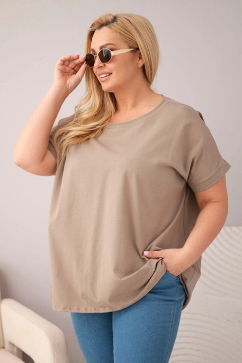 Bawełniana bluzka damska Plus Size o fasonie oversize z asymetrycznym tyłem w kolrze fango