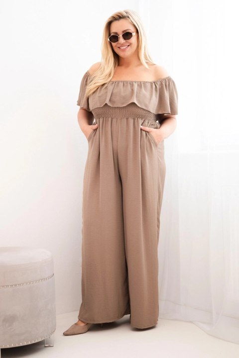 Kombinezon damski Plus Size fango z szerokimi nogawkami i falbaną