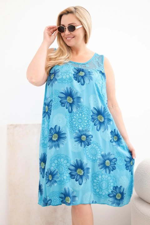 Turkusowa sukienka wiskozowa Plus Size z koronką i motywem kwiatowym