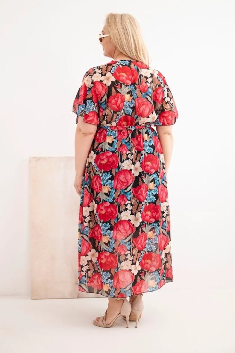 Sukienka damska Plus Size w kwiaty z wiązaniem czarna