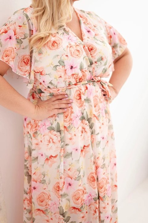 Sukienka damska Plus Size w kwiaty z wiązaniem ecru