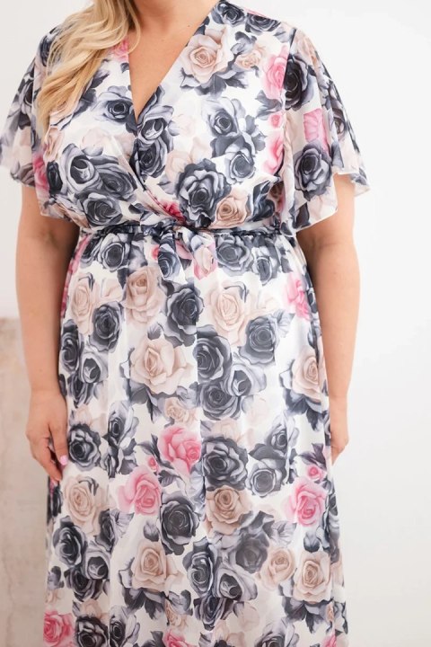 Sukienka damska Plus Size w kwiaty z wiązaniem grafitowa
