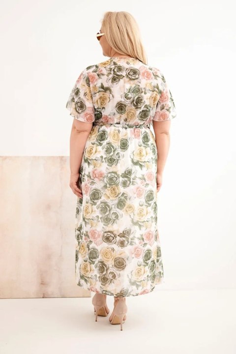 Sukienka damska Plus Size w kwiaty z wiązaniem khaki