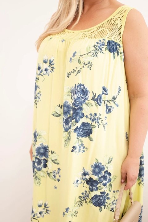 Sukienka damska Plus Size wiskozowa w kwiaty z koronkową górą żółta