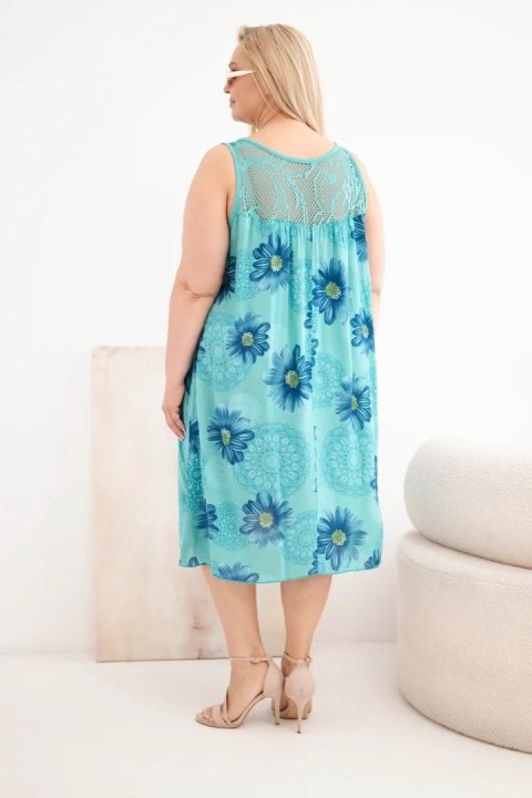 Sukienka damska Plus Size wiskozowa w kwiaty z koronkowym dekoltem miętowa