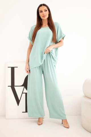 Komplet damski Plus Size bluzka i spodnie z szeroką nogawką ciemny miętowy