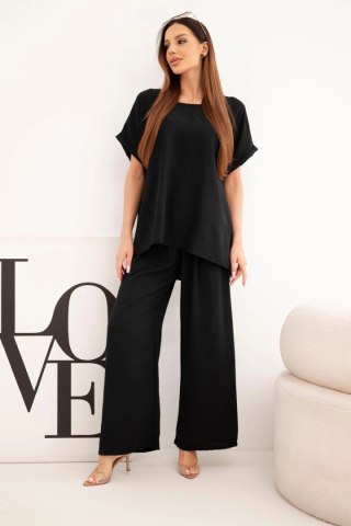 Komplet damski Plus Size bluzka i spodnie z szeroką nogawką czarny