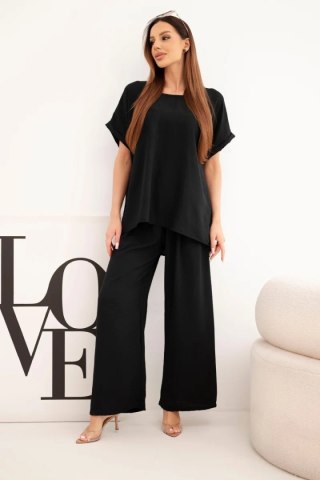 Komplet damski Plus Size bluzka i spodnie z szeroką nogawką czarny