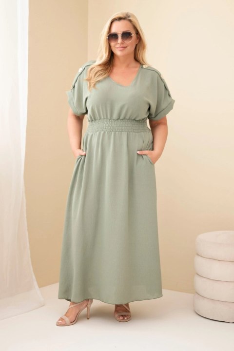 Khaki sukienka maxi Plus Size z marszczeniem w talii i kieszeniami
