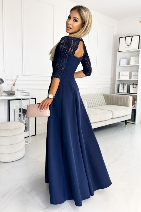 309-6 AMBER elegancka koronkowa długa suknia z dekoltem - GRANATOWA - XXXL