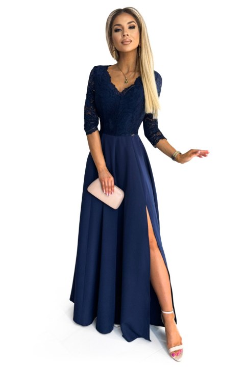 309-6 AMBER elegancka koronkowa długa suknia z dekoltem - GRANATOWA - XXXL