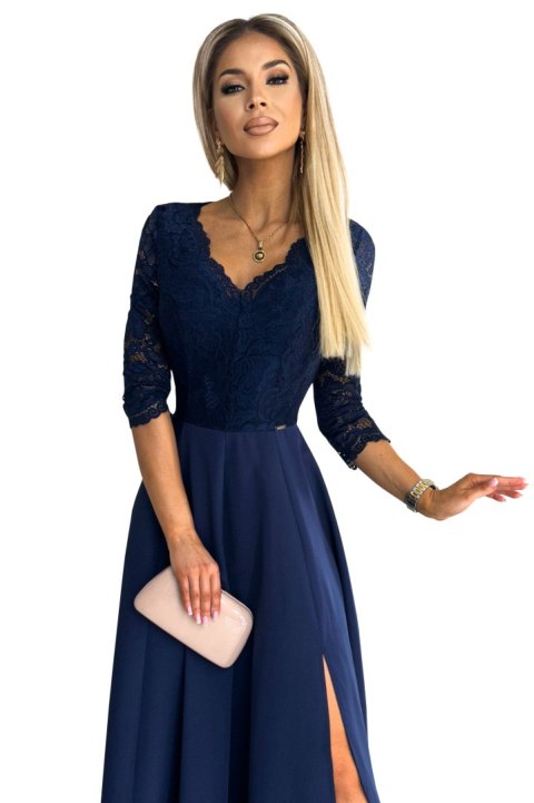 309-6 AMBER elegancka koronkowa długa suknia z dekoltem - GRANATOWA - XXXL