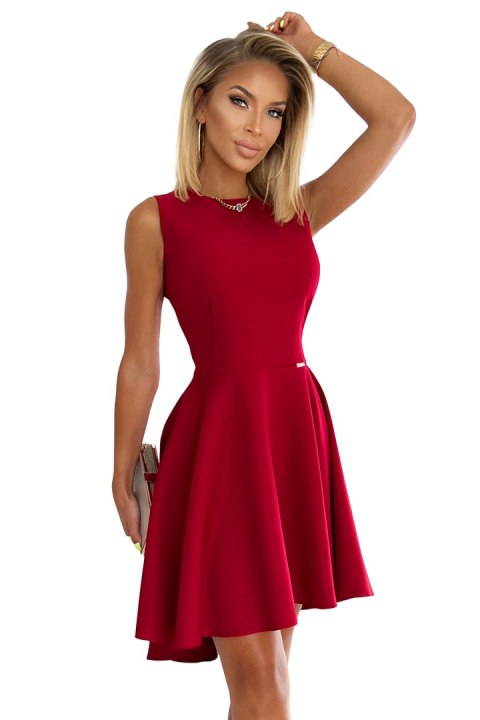 397-1 Elegancka sukienka z dłuższym tyłem - CZERWONA Z BROKATEM - S