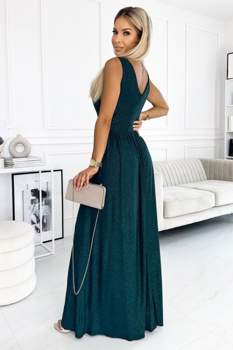 467-1 LOUISE brokatowa długa suknia z dekoltem i rozcięciem na nogę - ZIELEŃ BUTELKOWA - S