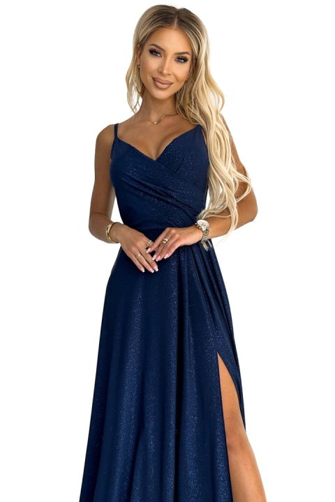 299-10 CHIARA elegancka maxi długa suknia na ramiączkach - GRANATOWA Z BROKATEM - XL