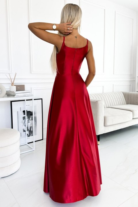 299-14 CHIARA elegancka maxi długa satynowa suknia na ramiączkach - CZERWONA - L