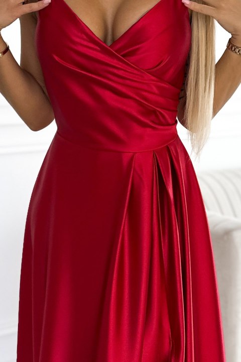299-14 CHIARA elegancka maxi długa satynowa suknia na ramiączkach - CZERWONA - L