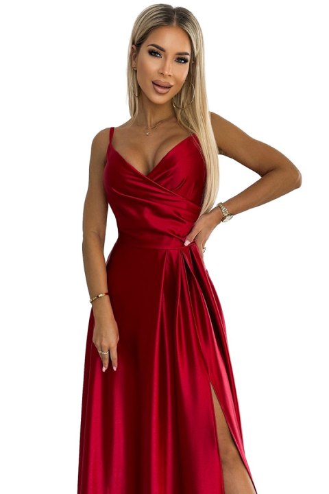 299-14 CHIARA elegancka maxi długa satynowa suknia na ramiączkach - CZERWONA - L