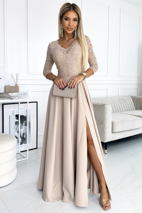309-10 AMBER koronkowa elegancka długa suknia z dekoltem i rozcięciem na nogę - BEŻOWA - XXXL