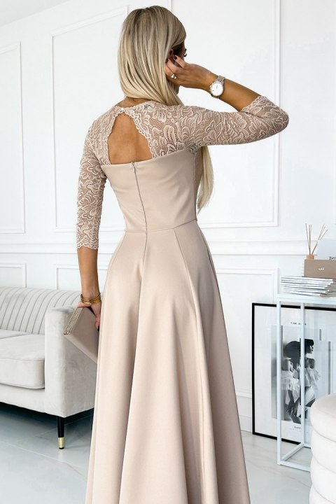 309-10 AMBER koronkowa elegancka długa suknia z dekoltem i rozcięciem na nogę - BEŻOWA - XXXL