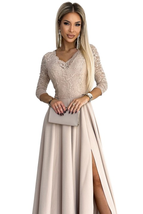 309-10 AMBER koronkowa elegancka długa suknia z dekoltem i rozcięciem na nogę - BEŻOWA - XXXL