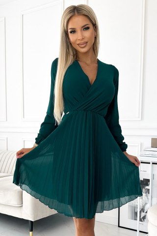 313-14 ISABELLE Plisowana szyfonowa sukienka z dekoltem - ZIELONA - L