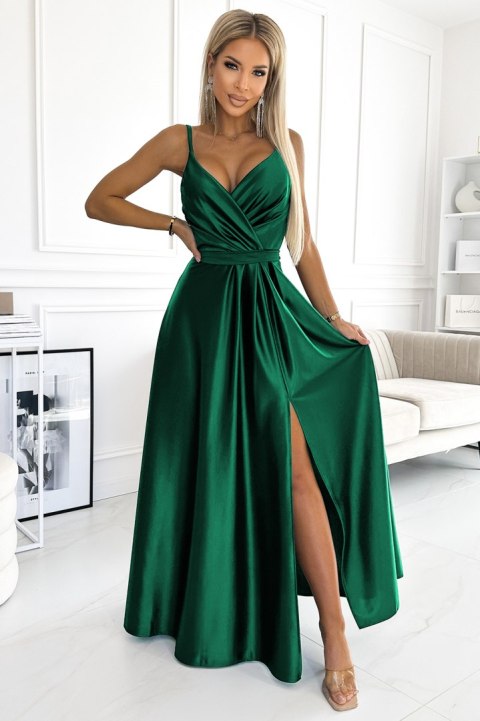512-1 JULIET elegancka długa satynowa suknia z dekoltem - ZIELEŃ BUTELKOWA - L