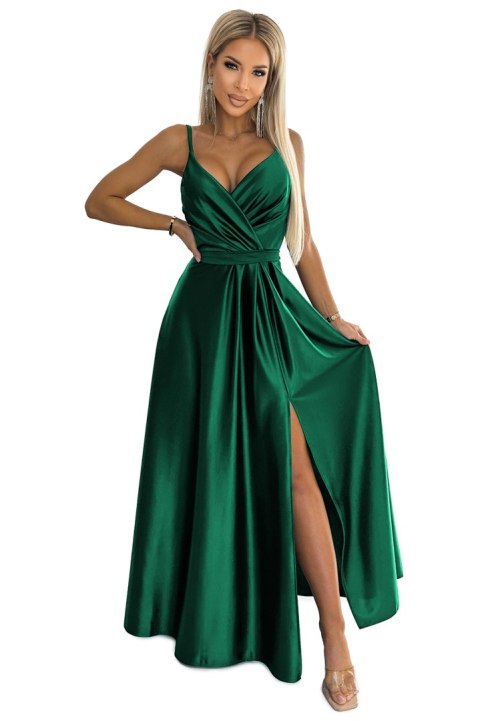 512-1 JULIET elegancka długa satynowa suknia z dekoltem - ZIELEŃ BUTELKOWA - L