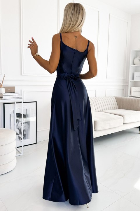512-2 JULIET elegancka długa satynowa suknia z dekoltem - GRANATOWA - L
