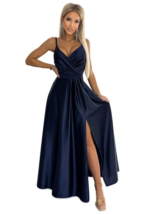 512-2 JULIET elegancka długa satynowa suknia z dekoltem - GRANATOWA - XL