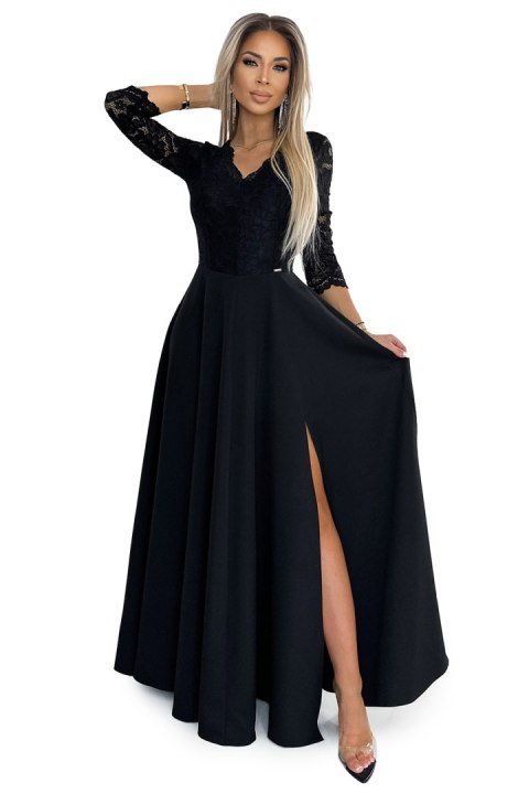 309-11 AMBER koronkowa elegancka długa suknia z dekoltem i rozcięciem na nogę - CZARNA - XXXL