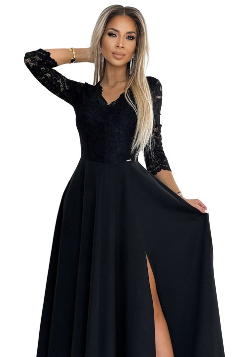 309-11 AMBER koronkowa elegancka długa suknia z dekoltem i rozcięciem na nogę - CZARNA - XXXL