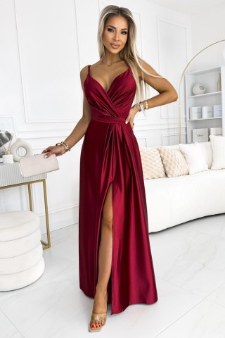 512-6 JULIET elegancka długa satynowa suknia z dekoltem i rozcięciem na nogę - BORDOWA - L