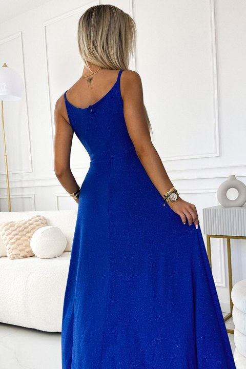 299-17 CHIARA elegancka maxi długa suknia na ramiączkach - CHABROWA Z BROKATEM - M