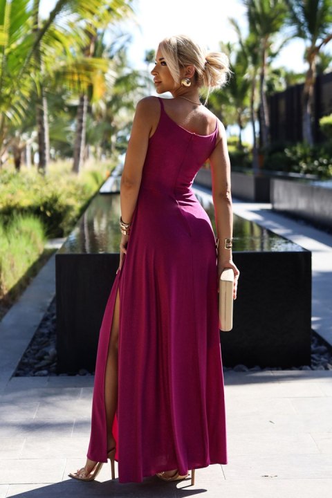 299-19 CHIARA elegancka maxi długa suknia na ramiączkach - FUKSJA Z BROKATEM - XXL