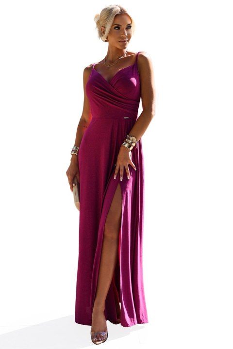 299-19 CHIARA elegancka maxi długa suknia na ramiączkach - FUKSJA Z BROKATEM - XXL
