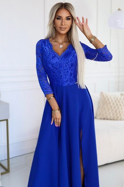 309-12 AMBER elegancka długa koronkowa suknia z dekoltem - kolor CHABROWY - XL